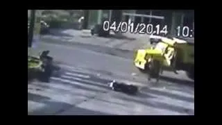 Motorcyclist Flies Away after Collision with Truck