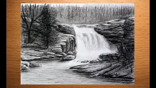 Waterfall landscape drawing with charcoal pencil, Scenery drawing with pencil,