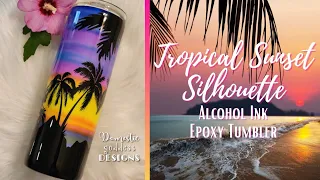 Alcohol Ink Tropical Sunset Silhouette Epoxy Tumbler