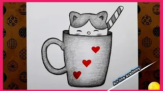 Pencil Drawing Easy Ideas, Cute Cat and Mug Drawing By Art line academy