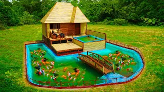 50 Days Build Modern Bamboo Resort With Bamboo Bed, Bamboo Patio Chairs, pool and Fish Pond