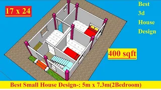 New 3d house design in very small area | 400 sqft | 17 x 24 | 2Bedroom | 5m x 7.3m(37sqm)