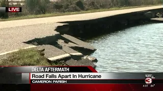 Road falls apart in Cameron Parish after Hurricane Delta