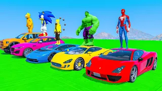 SPIDERMAN CARS Ramp Challenge JUMP ! SUPERHERO HULK IronMan Goku SUPERCARS RACING - GTA V