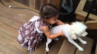 CUTE GIRL HELPS DOG UP THE STAIRS