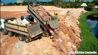 Best Processing Technique Skill Komatsu Dozer D68E Pushing With Dump Truck Spreading Huge Rock