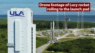 NASA's Lucy probe rolls to the launch pad atop an Atlas 5 rocket