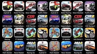 Asphalt 8, Rebel Racing, Most Wanted, Traffic Ridder, NFS No Limits, Camper Van Beach, CSR Racing...