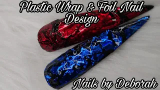 Plastic/cling wrap & transfer foil nail design. (Nail Art)