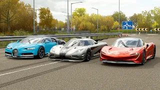 Forza Horizon 4 Drag race: Bugatti Chiron vs Koenigsegg One:1 vs McLaren Speedtail