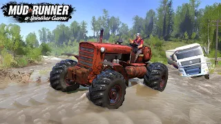 Spintires: MudRunner - DT 75 Old Tractor Pulls A Semi Truck Out Of The River