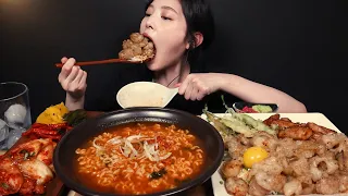 SUB)Spicy Ramyeon with Daechang Rice and Grilled Pork Mukbang Asmr Eating Sounds
