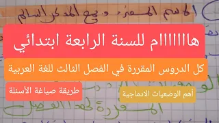 ملخص دروس الفصل الثالث في اللغة العربية,السنة الرابعة ابتدائى, والوضعيات الادماجية المقررة