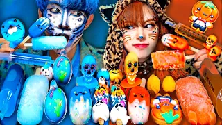 ASMR ICE CREAM TIGER BLUE HALLOWEEN PARTY DESSERTS JELLY CANDY MUKBANG EATING SOUNDS