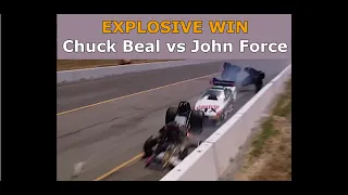 Chuck Beal massive explosion and crash in round win vs John Force - 1999 NHRA Sonoma Nationals