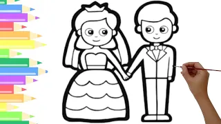How to draw cute bride and groom || Coloring drawing for toddlers || Make the bride and groom easy