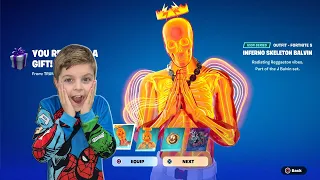 My 10 Year Old Kid Reaction To Me Gifting Him NEW Fortnite Skin Bundle Unlocking J BALVIN INFERNO