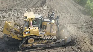 Reclamation Of Mining Area -  Komatsu & Caterpillar Bulldozers In Action - Aerial View