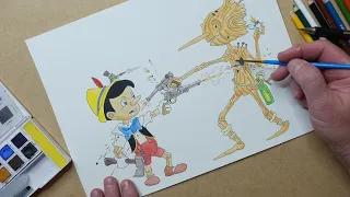 Drawing and painting Pinocchio vs. Pinocchio in under 2 minutes.