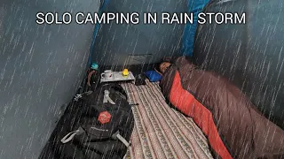 SOLO CAMPING IN RAIN STORM - SHELTER IN A TENT - STRONG WINDS - ASMR