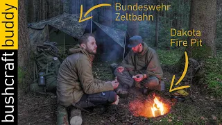 Heavy Rain Bushcraft | Bundeswehr Zeltbahn Shelter | Flint and Knife Dakota Fire | Dutch Oven