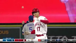 Shohei Ohtani hits a one handed double against Los Angeles Dodgers