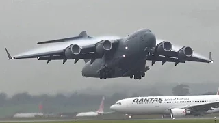 AMAZING CONDENSATION ● US Air Force C-17 Globemaster III - Pushback & Takeoff Melbourne Airport