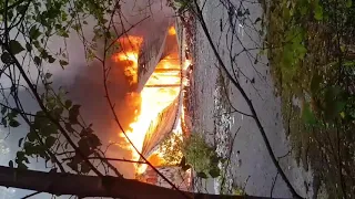 Fire in a derelict building in Coed Talon near Pontybodkin. [Video Sam Jones]