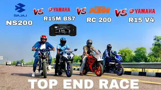 yamaha R15m bs7 vs ktm rc 200 vs Bajaj ns 200 bs4 vs Yamaha R15 v4 | quad battle | top end race ⚡