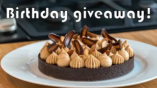 Chocolate almond praline birthday tart