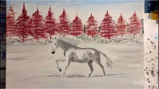 Weißes Pferd malen in einer Winterlandschaft in Acryl Farben | white horse painting