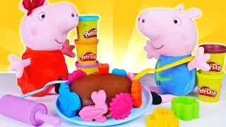 Hora do lanche! Peppa Pig e George Pig fazem a torta holandesa! Vídeo infantil.Brinquedos de pelúcia