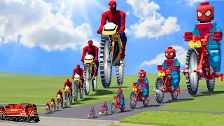 Big & Small: LEGO Spiderman vs Spiderman on a motorcycle with Saw Wheels vs Trains | BeamNG.Drive