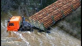 Dangerous crazy drivers will fails logging trucks & heavy equipment crashes off road crossing river