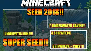 SUPER BEST SEED MCPE 2018!! 5 RAVINE+RUINS+SHIPWRECK+CORAL REEF!! ADA MAP HARTA KARUN - MINECRAFT