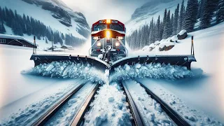 Awesome Powerful Snowplow Train Blower Through Deep Snow Railway Tracks