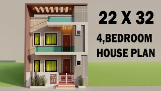 22X32 4 Bedroom house plan,3D ghar ka naksha,22 x 32 sqft duplex house plan,2 by32 feet house plan