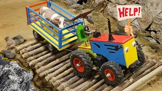Diy Tractor Making Mini Wooden Bridge | Rescue Tractor Carrying Cow in Accident | DongHungCreator