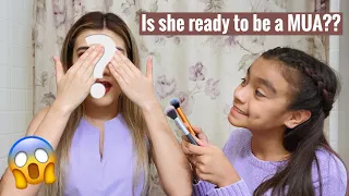 My little sister does my makeup challenge