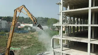 Dangerous Building Demolition Work, Amazing  Excavator long reach 4K