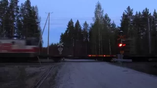 Freight train passed KOVALA (Km.0414+0398) level crossing in Hankasalmi, Finland