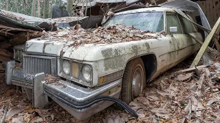 Old Abandoned Funeral Home With Hearse And Embalming Room