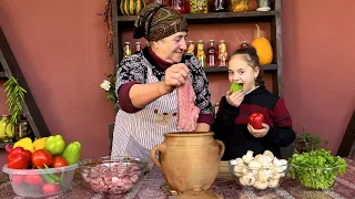 GRANDMA COOKING A VERY SPECIAL VEGETABLE MIXED BEEF DISH! COTTAGE CHEESE DESSERT