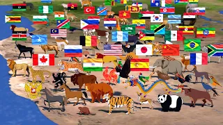 National Animals Comparison: with Country Flags and Geographic Maps