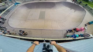 SKETCHY ROOF DROP ON SCOOTER AT SKATEPARK!