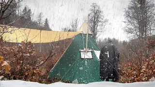 Hot Tent Camping in RAIN and SNOW | Winter Camping, Outdoor Cooking on Wood Stove
