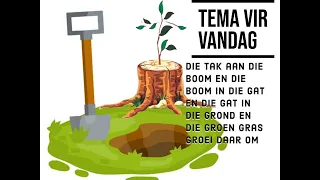 Die tak aan die boom en die boom in die gat en die gat in die grond en die groen gras groei daar om