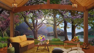 Cozy Cabin Porch Ambience | Nature  Ambience  with  Cherry Blossoms  |  Water Sounds and Bird Song