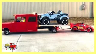 Kruz Playing His Mini Rollback Loading Powered Ride On Ford Raptor Disney Car Lightnig McQueen