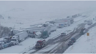 I-80 MASSIVE TRUCK PILE UP IN WYOMING 2015